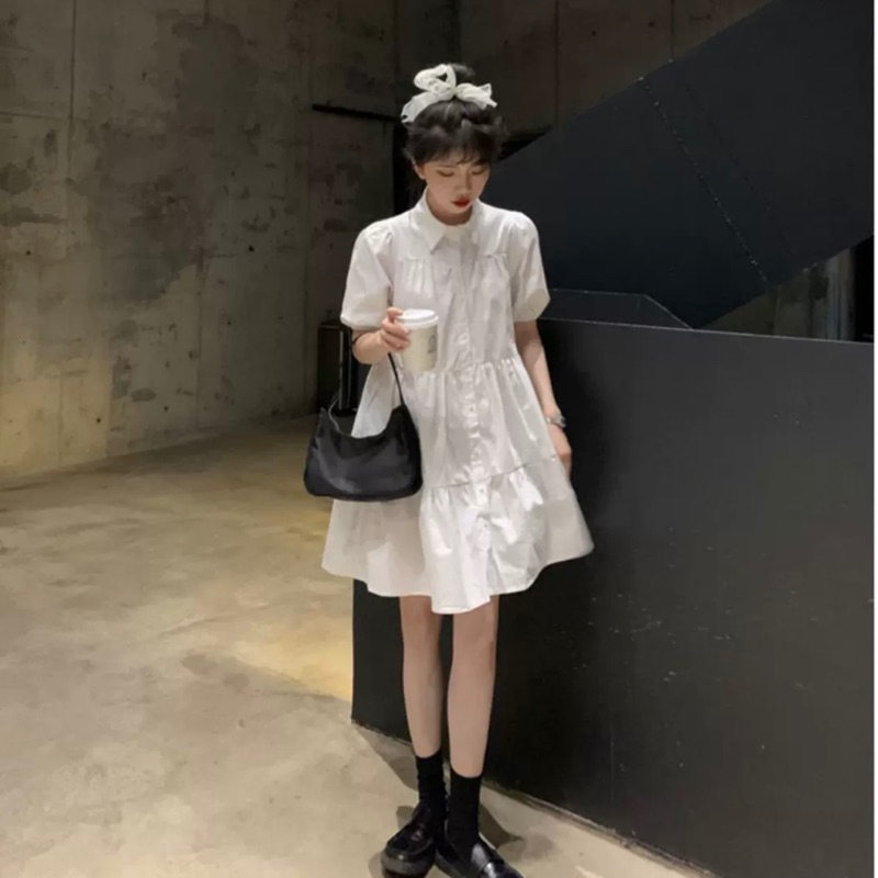 Đầm váy babydoll cổ sơ mi dáng ngắn du lịch dạo phố