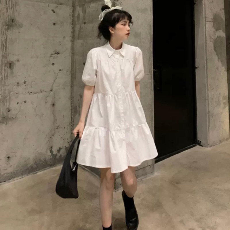 Đầm váy babydoll cổ sơ mi dáng ngắn du lịch dạo phố
