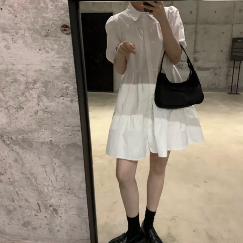 Đầm váy babydoll cổ sơ mi dáng ngắn du lịch dạo phố