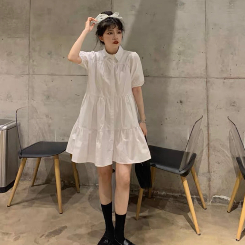 Đầm váy babydoll cổ sơ mi dáng ngắn du lịch dạo phố