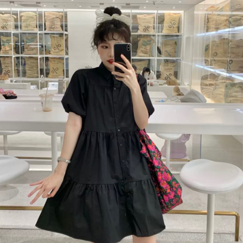 Đầm váy babydoll cổ sơ mi dáng ngắn du lịch dạo phố