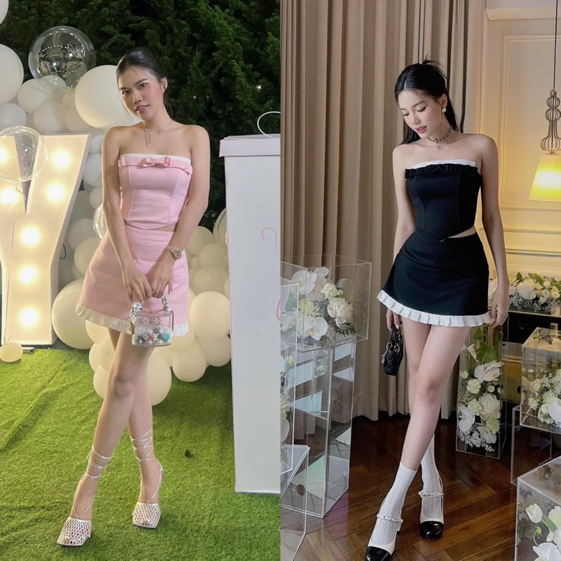 (Sẵn-Hỏa Tốc) Set babie áo cúp ngực đính nơ kèm chân váy ngắn xoè xếp li trắng công chúa tiểu thư bánh bèo