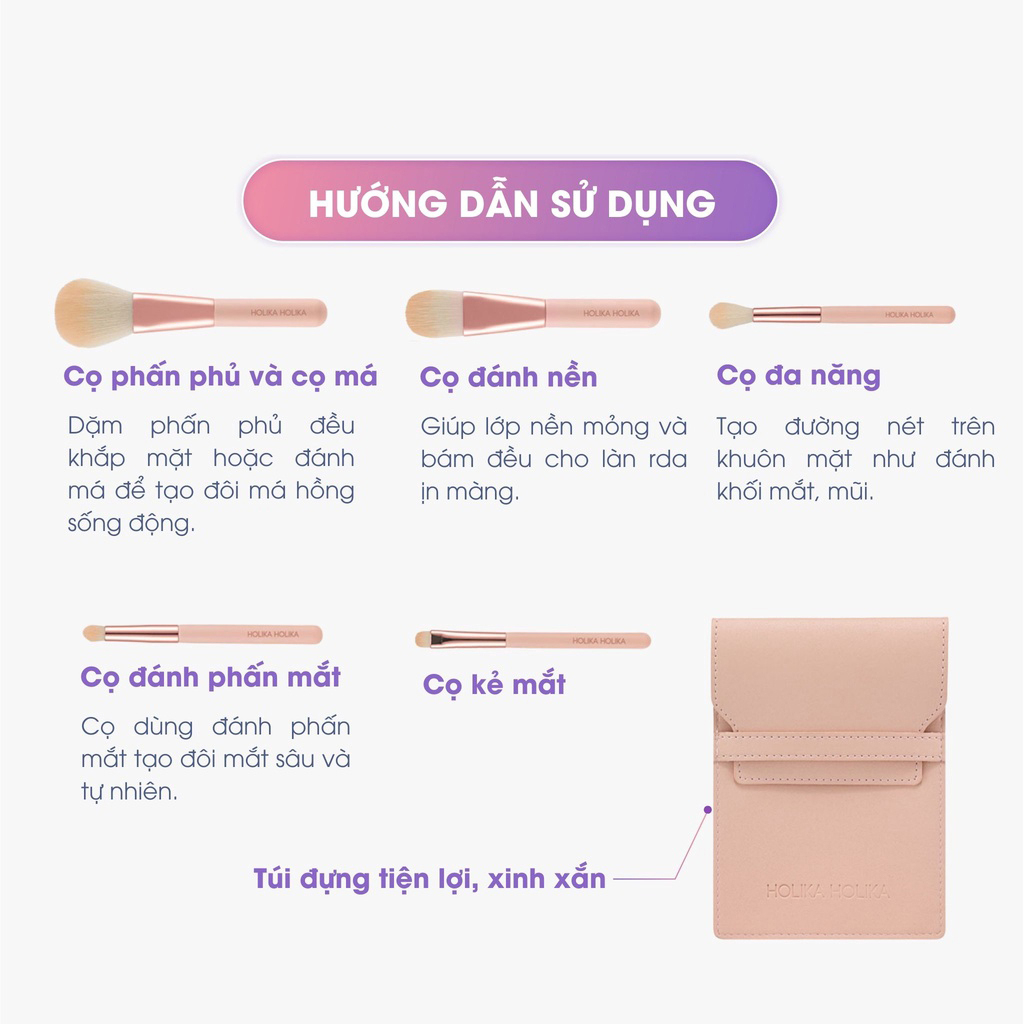 Bộ 5 cọ trang điểm chuyên nghiệp Hàn Quốc Holika Holika Nudrop Mini Brush tặng kèm túi da cao cấp - 7222