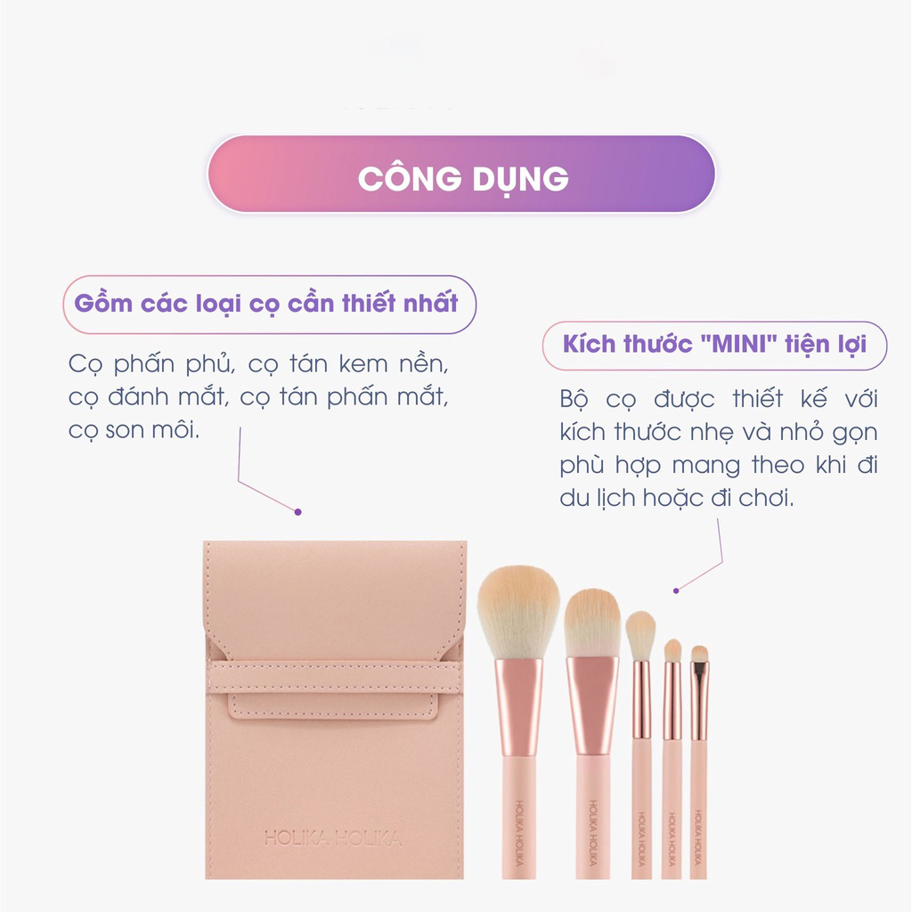 Bộ 5 cọ trang điểm chuyên nghiệp Hàn Quốc Holika Holika Nudrop Mini Brush tặng kèm túi da cao cấp - 7222