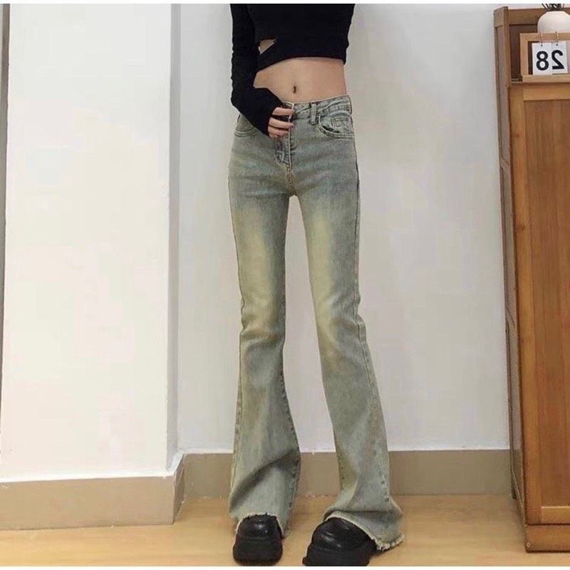 Quần bò jeans nữ ống loe cạp cao co dãn 4 chiều loe xẻ gấu, loe may gấu, loe cắt gấu NC Clothing