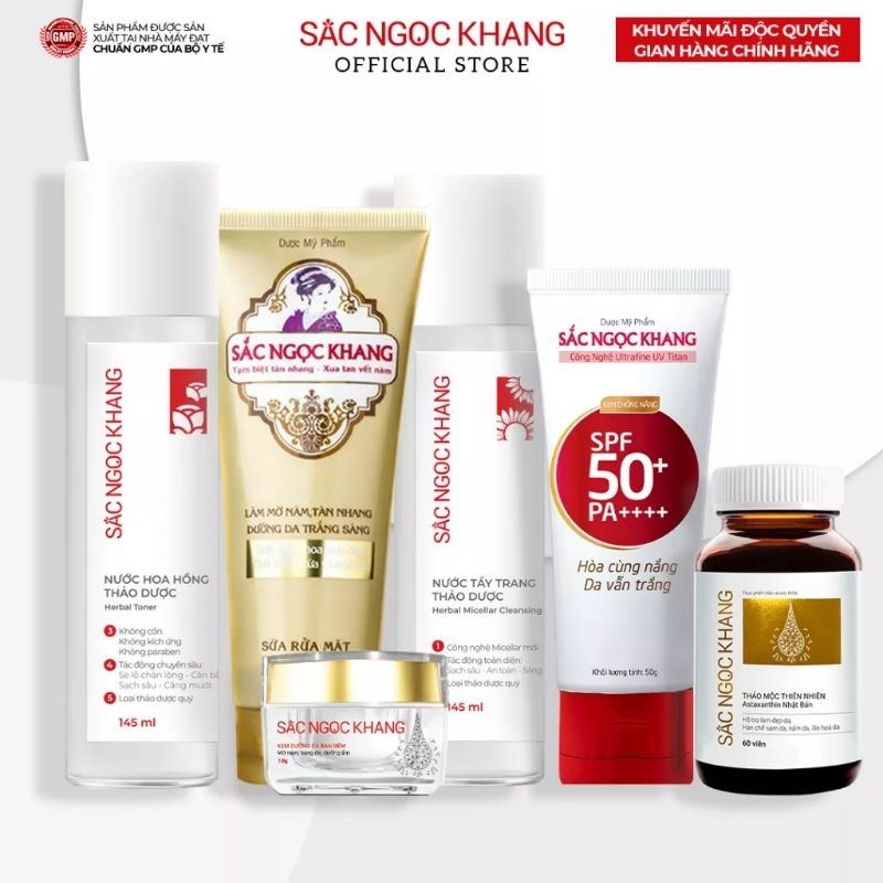 combo làm đẹp da sắc Ngọc Khang 6 món (viên uống snk, kem  10g, srm, kem chống nắng, nước hoa hồng, tẩy trang)