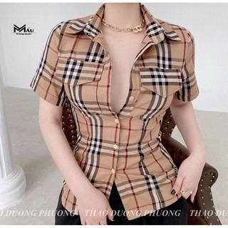 Áo sơmi cộc tay kẻ nâu
