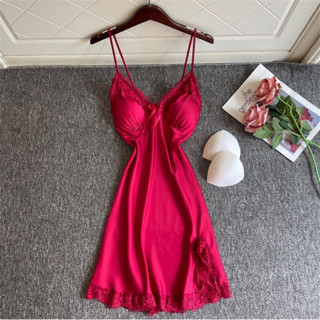  Váy ngủ lụa cao cấp đắp ren hai dây quyến rũ kèm đệm màu đỏ - hồng phấn - trắng 