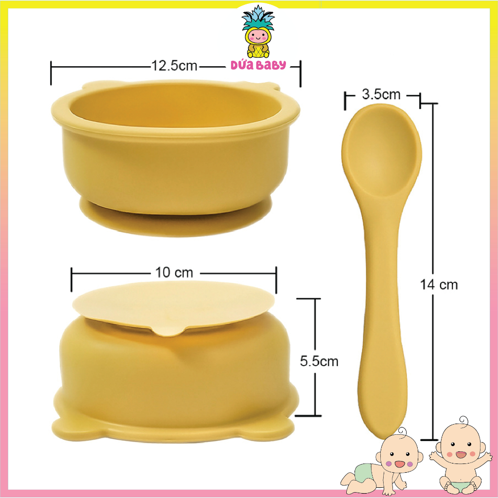 Bát Ăn Dặm Silicone Tai Gấu Đế Hít Chống Đổ Kèm Thìa Cho Bé