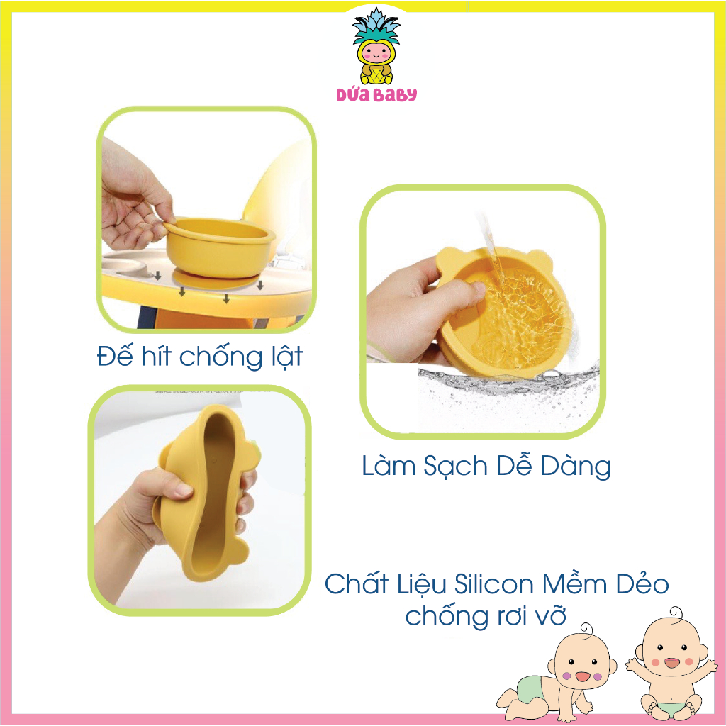 Bát Ăn Dặm Silicone Tai Gấu Đế Hít Chống Đổ Kèm Thìa Cho Bé