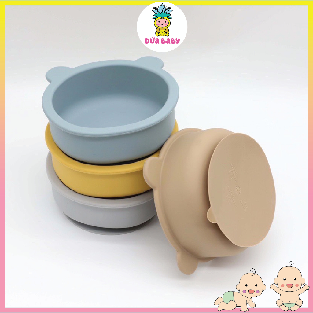 Bát Ăn Dặm Silicone Tai Gấu Đế Hít Chống Đổ Kèm Thìa Cho Bé