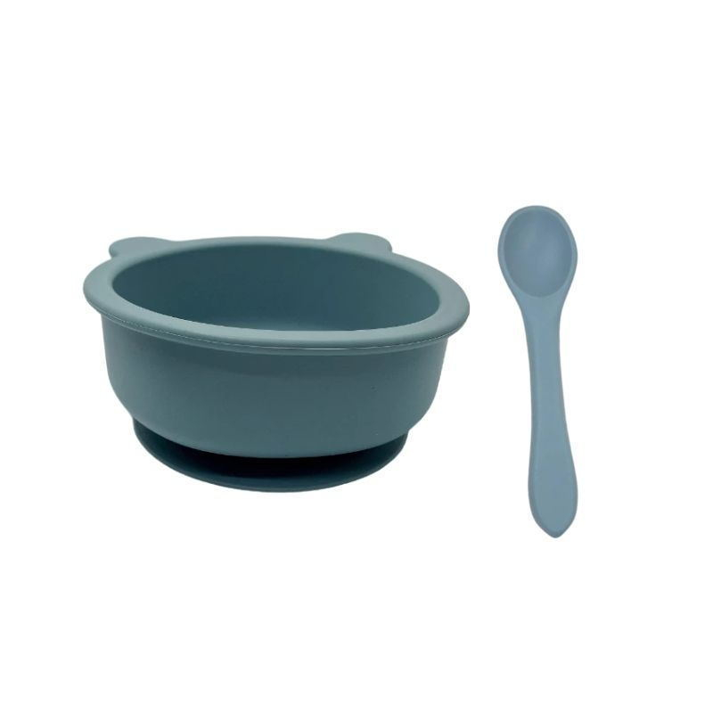 Bát Ăn Dặm Silicone Tai Gấu Đế Hít Chống Đổ Kèm Thìa Cho Bé