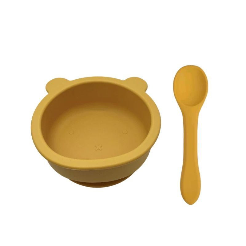 Bát Ăn Dặm Silicone Tai Gấu Đế Hít Chống Đổ Kèm Thìa Cho Bé