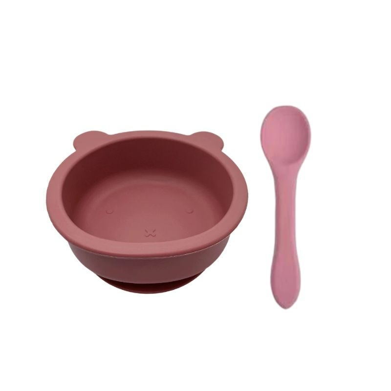 Bát Ăn Dặm Silicone Tai Gấu Đế Hít Chống Đổ Kèm Thìa Cho Bé
