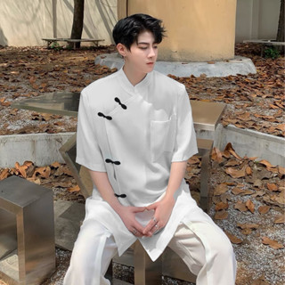  Áo shanghai vạt chéo cổ tàu nam nữ - Trắng 