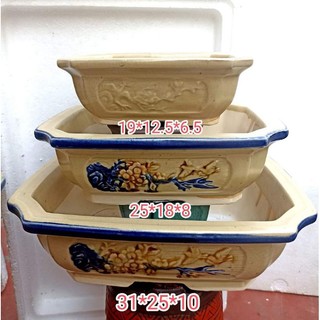 Bộ 3 chậu chữ nhật men vàng dáng cổ dày xịn