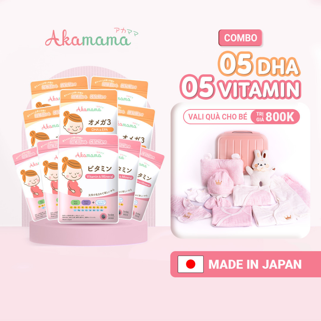 COMBO 5 Sắt & Vitamin + 5 DHA cho bà bầu Akamama, Nhật Bản