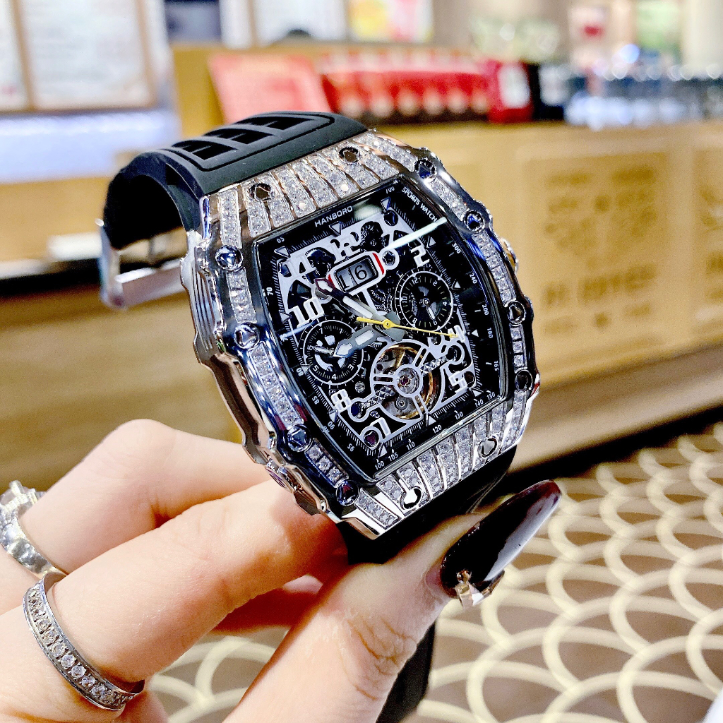 Đồng hồ nam Hanboro Men Automatic Watch Luminous Mechanical Wristwatch Tonneau Luxury Crysta, Luxury Diamond Watch