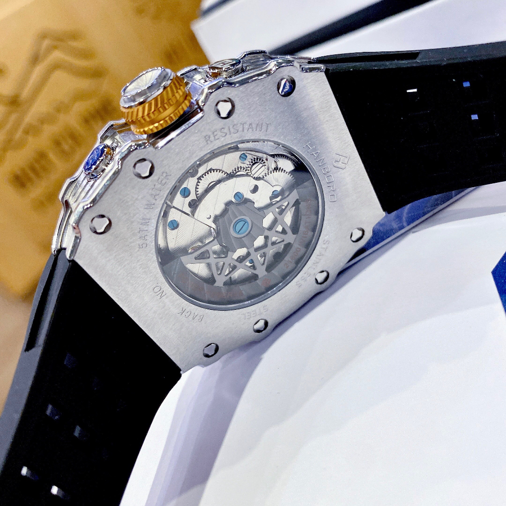 Đồng hồ nam Hanboro Men Automatic Watch Luminous Mechanical Wristwatch Tonneau Luxury Crysta, Luxury Diamond Watch