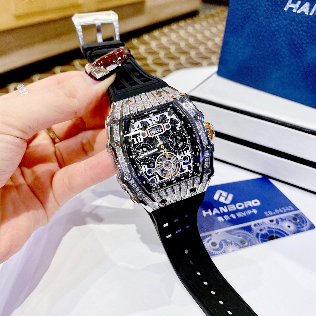 Đồng hồ nam Hanboro Men Automatic Watch Luminous Mechanical Wristwatch Tonneau Luxury Crysta, Luxury Diamond Watch
