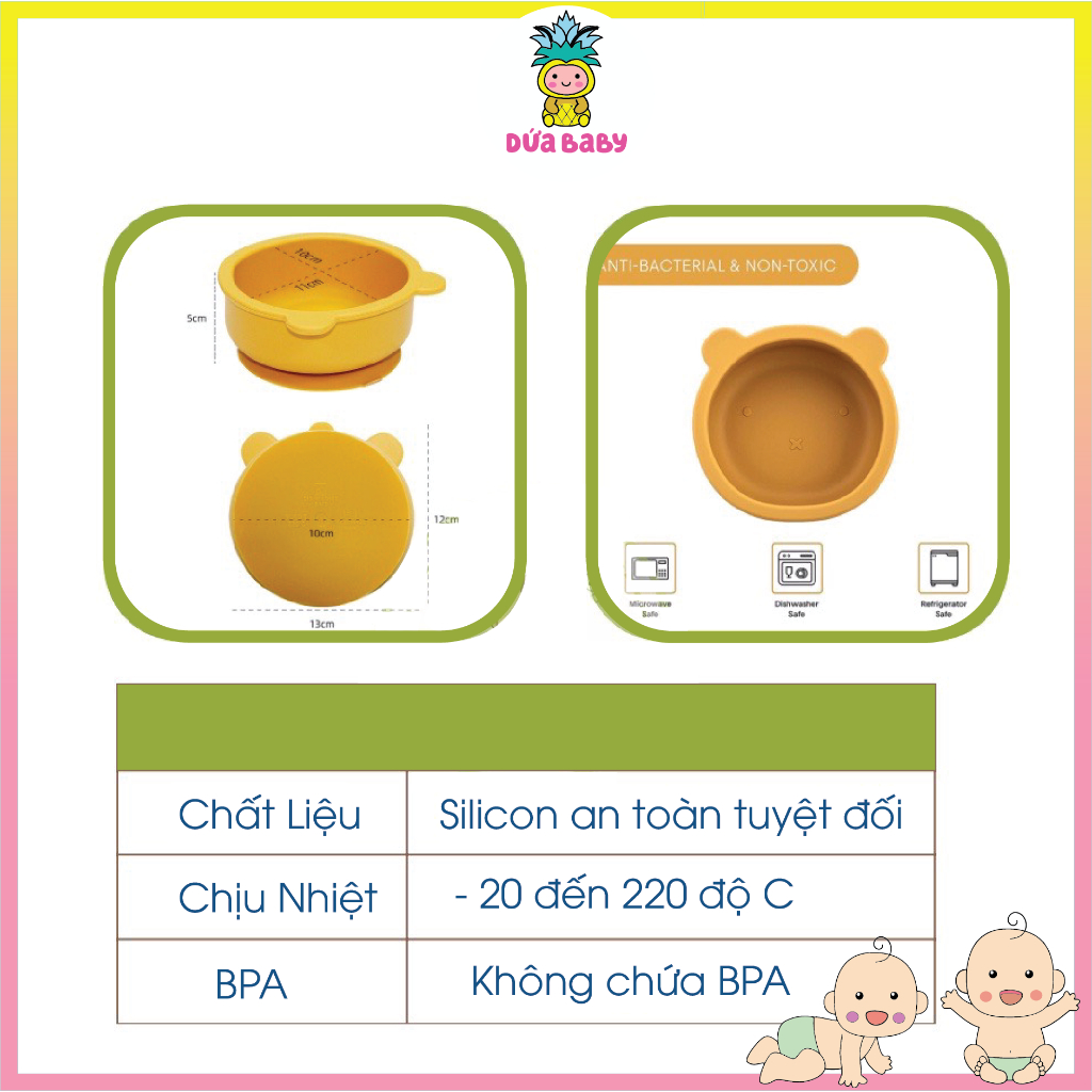 Bát Ăn Dặm Silicone Tai Gấu Đế Hít Chống Đổ Kèm Thìa Cho Bé