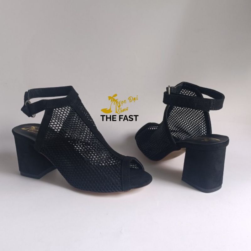 Bốt lưới hở mũi thời trang gót thô mới NĐ01