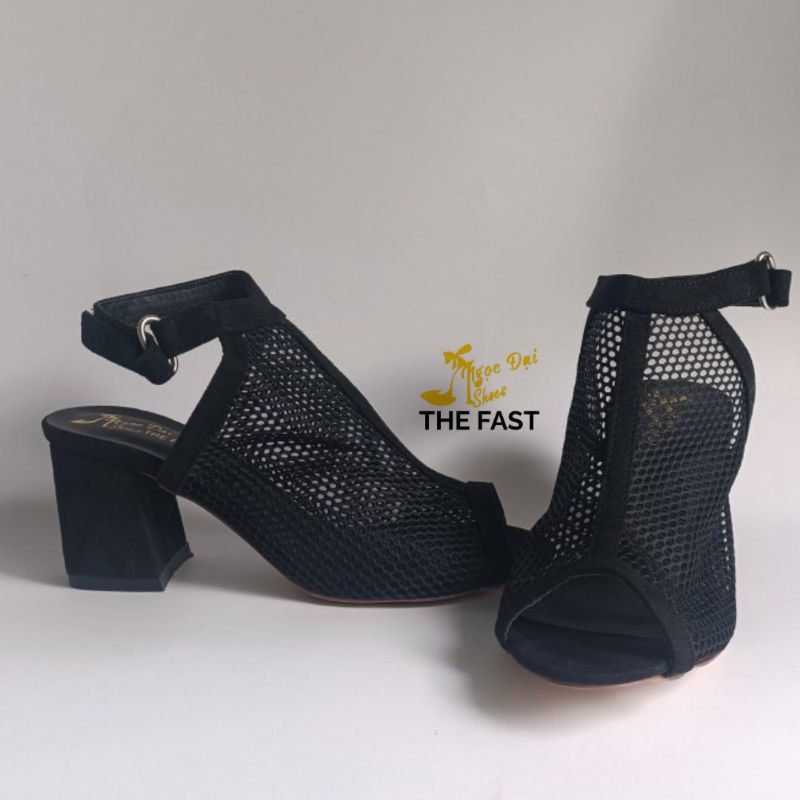 Bốt lưới hở mũi thời trang gót thô mới NĐ01