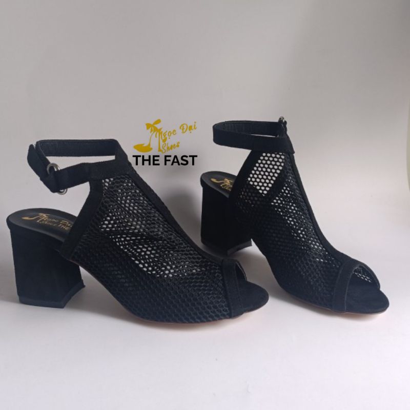 Bốt lưới hở mũi thời trang gót thô mới NĐ01