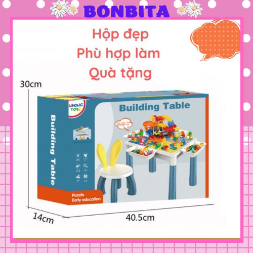 Bàn lắp ráp đồ chơi xếp hình Lego 110 chi tiết, có ngăn đựng đồ, kèm ghế cho bé lắp ráp lego