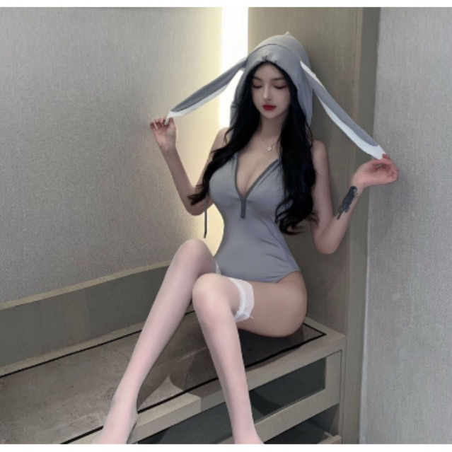 Đồ ngủ gợi cảm- Bộ jump tai thỏ xám khoá kéo sexy hở lưng quyến rũ