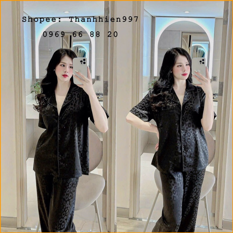 ❤️Hàng QC❤️Pijama tay ngắn quần dài đen họa tiết beo ẩn_Thanhhien997_lụa satin cao cấp, vải mềm mịn mát 2011.