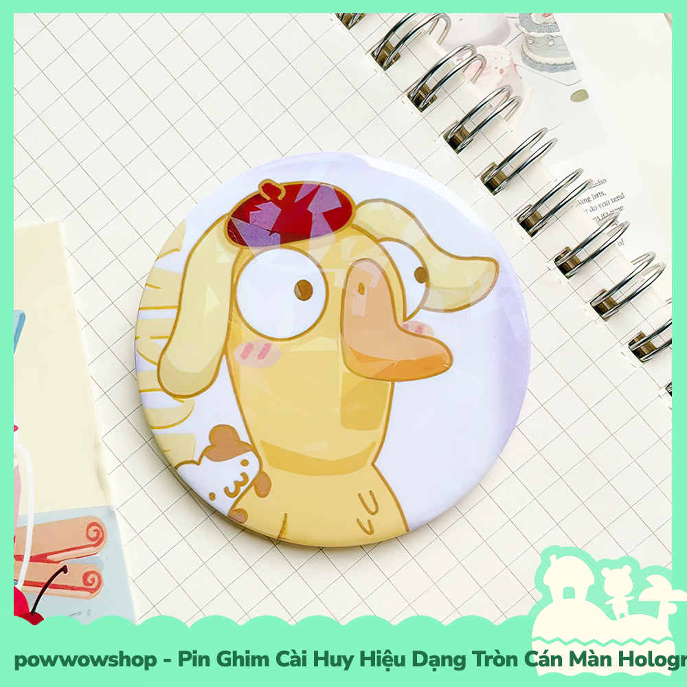 Huy Hiệu Pin Ghim Dạng Tròn 58mm Cài Áo / Túi / Balo Màn Hologram Vịt Duck Cosplay Sanrio Vui Nhộn