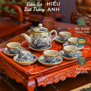 Bộ ấm chén uống trà mẹn rạn xanh vẽ tay, bộ ấm chén gốm sứ bát tràng - bộ thưởng trà đẹp, sang trọng