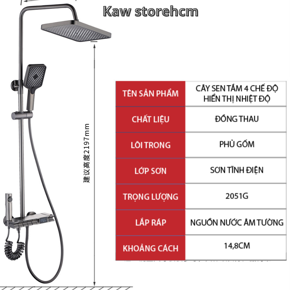 Bộ Sen Cây Tắm Đứng KAW K24 Hiển Thị Nhiệt Độ - Hàng chính hãng bảo hành 1 đổi 1