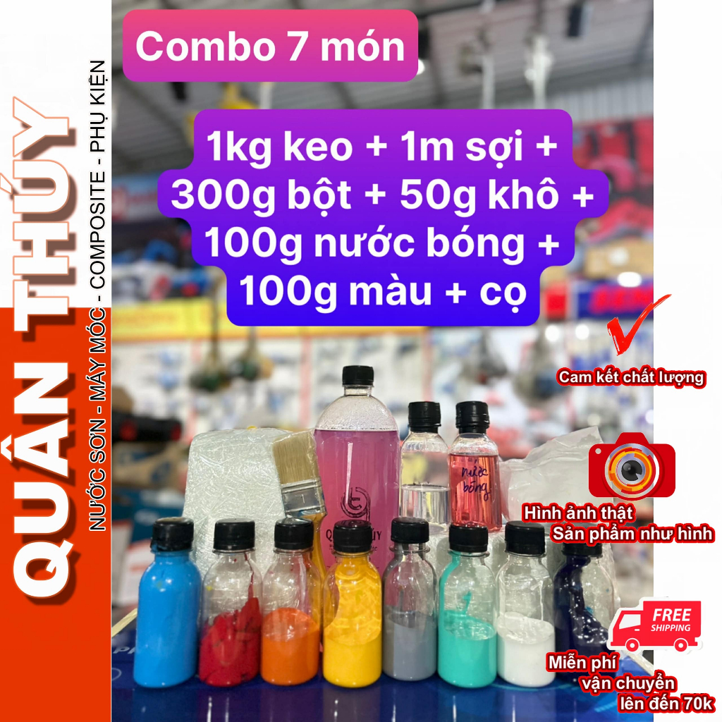 1Kg keo composite, 1 mét sợi thủy tinh, 300g bột, 50g xúc tác, cọ quét, 100g nước bóng, 100g màu pha.