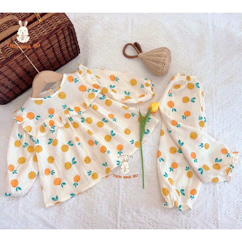 Bộ quần áo dài tay thu đông cho bé trai bé gái, bộ quần áo trẻ em mặc nhà vải xô muslin cho bé từ 5-15kg TNB