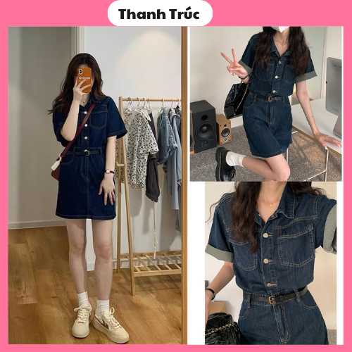 Váy tua gấu đầm denim tay ngắn dáng chữ A cổ polo váy bò kèm đai thời trang nữ