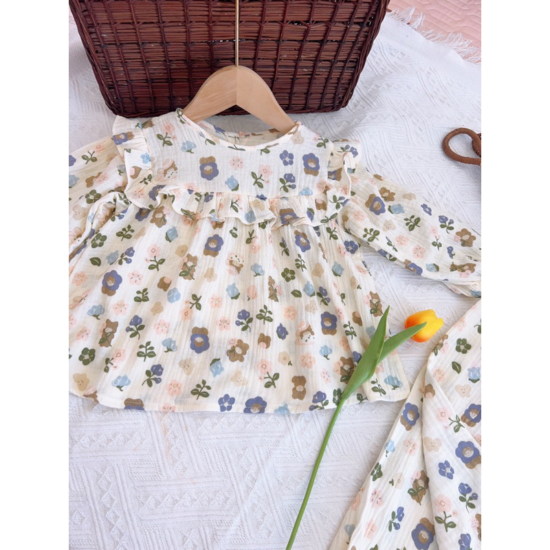 Bộ quần áo dài tay thu đông cho bé trai bé gái, bộ quần áo trẻ em mặc nhà vải xô muslin cho bé từ 5-15kg TNB