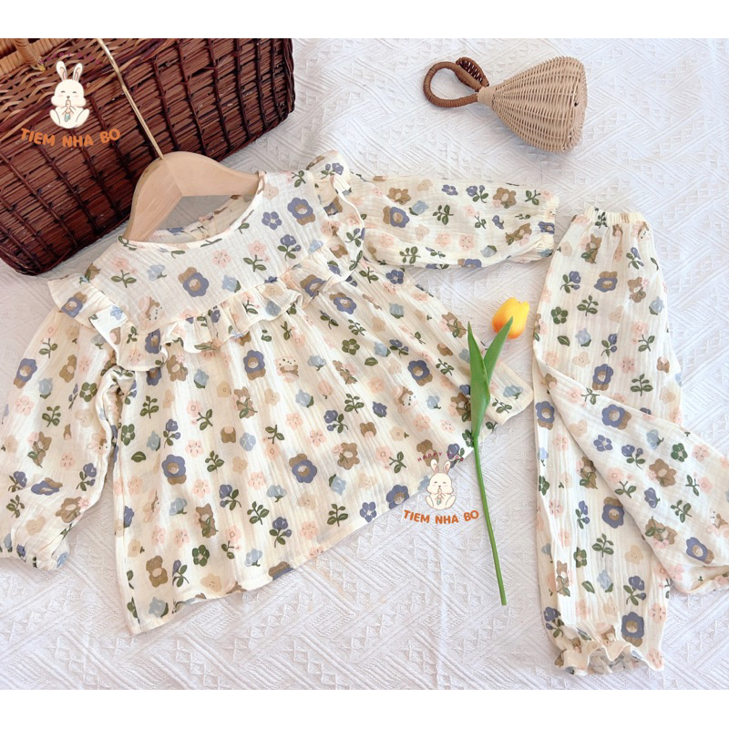 Bộ quần áo dài tay thu đông cho bé trai bé gái, bộ quần áo trẻ em mặc nhà vải xô muslin cho bé từ 5-15kg TNB