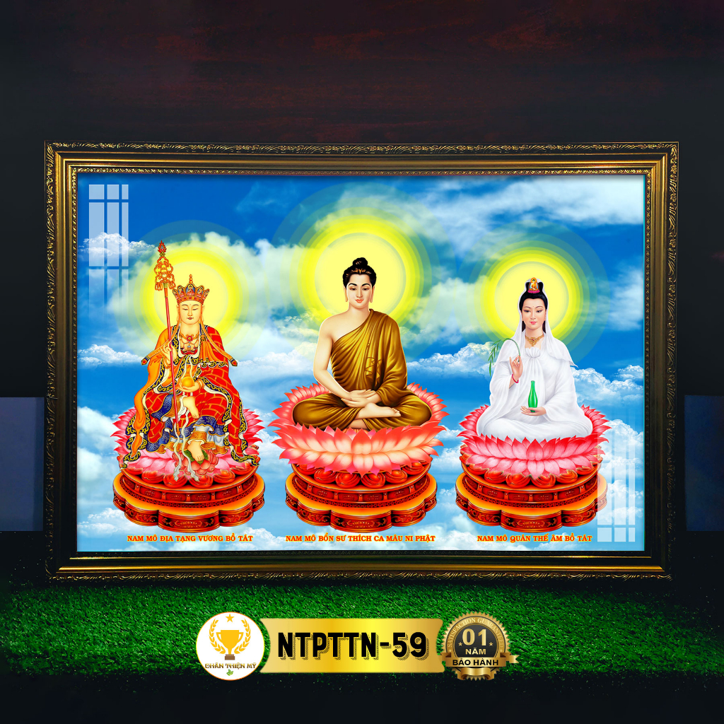 Tranh Tây Phương Tam Thánh Ngồi Có Đèn CHÂN THIỆN MỸ, Treo Tường Trang Trí Bàn Thờ Phật, Treo Phòng Thờ NTPTTN-59