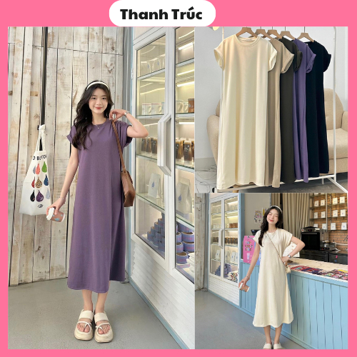 Váy tay hến dáng xuông dài chất tăm chất thun tăm siêu xinh đầm xuông nữ váy xuông trơn cổ tròn