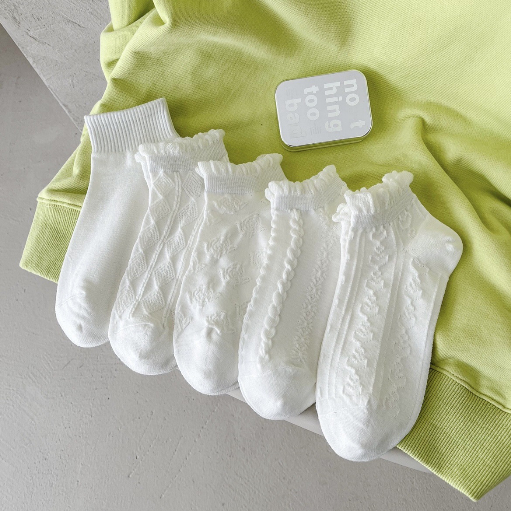 Set 5 Đôi Tất Cổ Lỡ Màu Trắng Phong Cách Tiểu Thư Siêu Hot Phong Cách Hàn