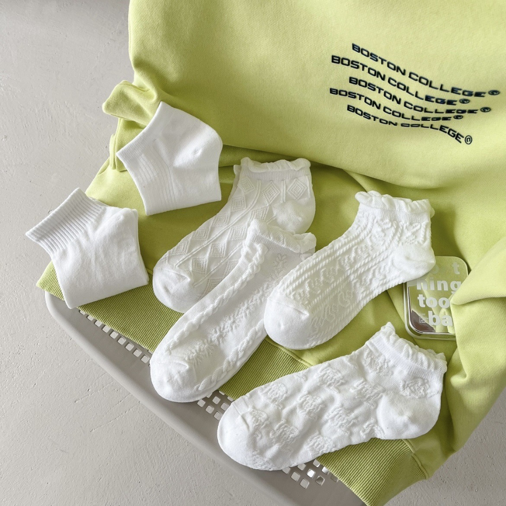 Set 5 Đôi Tất Cổ Lỡ Màu Trắng Phong Cách Tiểu Thư Siêu Hot Phong Cách Hàn