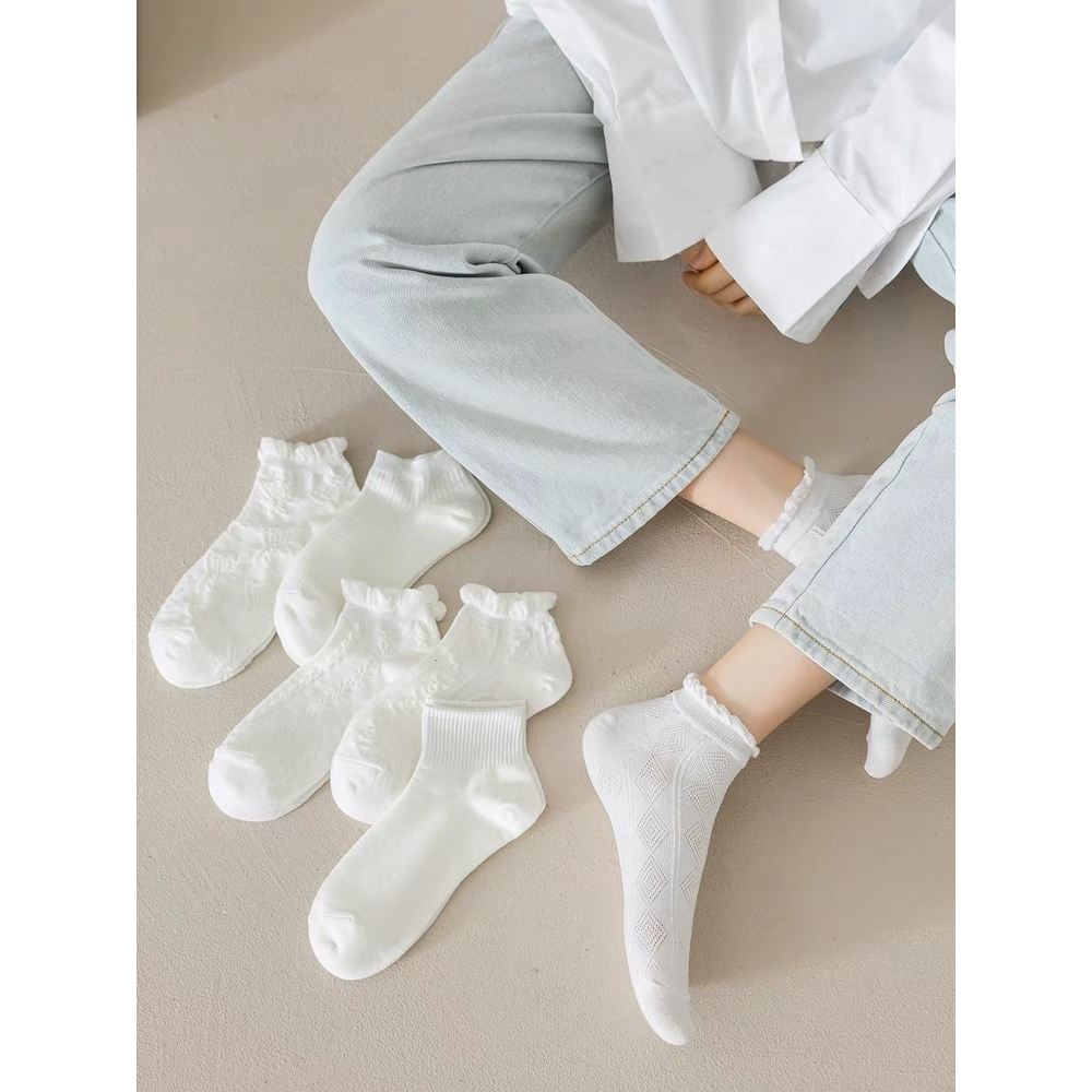 Set 5 Đôi Tất Cổ Lỡ Màu Trắng Phong Cách Tiểu Thư Siêu Hot Phong Cách Hàn