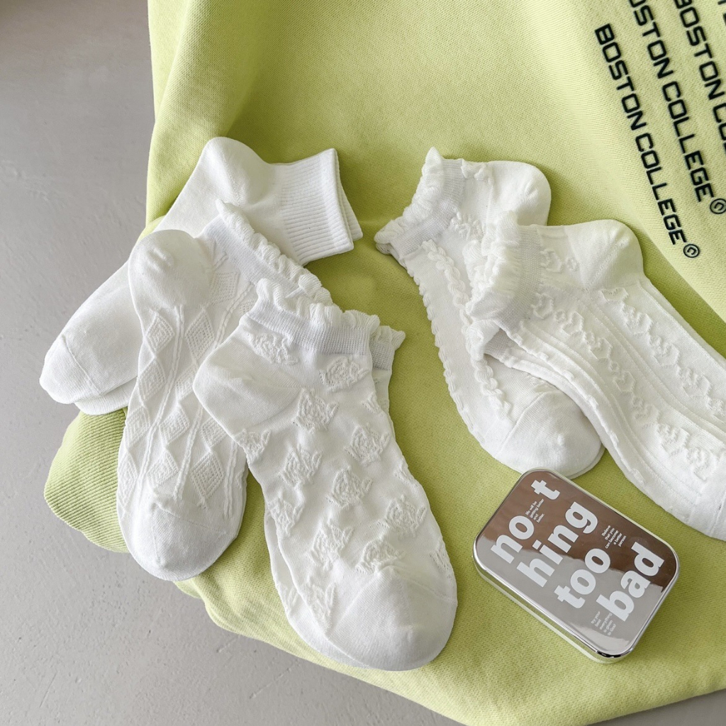 Set 5 Đôi Tất Cổ Lỡ Màu Trắng Phong Cách Tiểu Thư Siêu Hot Phong Cách Hàn