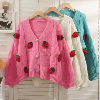 Áo Khoác cardigan chuẩn Quảng Châu Loại 1 Dài Tay Đính Một Hàng Nút Họa Tiết Dâu Tây Thời Trang Nữ