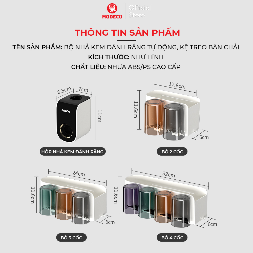 Bộ Nhả Kem Đánh Răng Tự Động, Kệ Để Đồ Phòng Tắm, Hộp Đựng Bàn Chải Cao Cấp Dán Tường, Không Cần Khoan Đục - Modeco