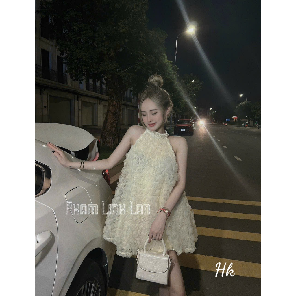 Váy yếm hoạ tiết hoa hồng cực xinh tôn dáng tôn da màu be trẻ trung xinh đẹp - Thời Trang Bảo Trang - Hk7.59