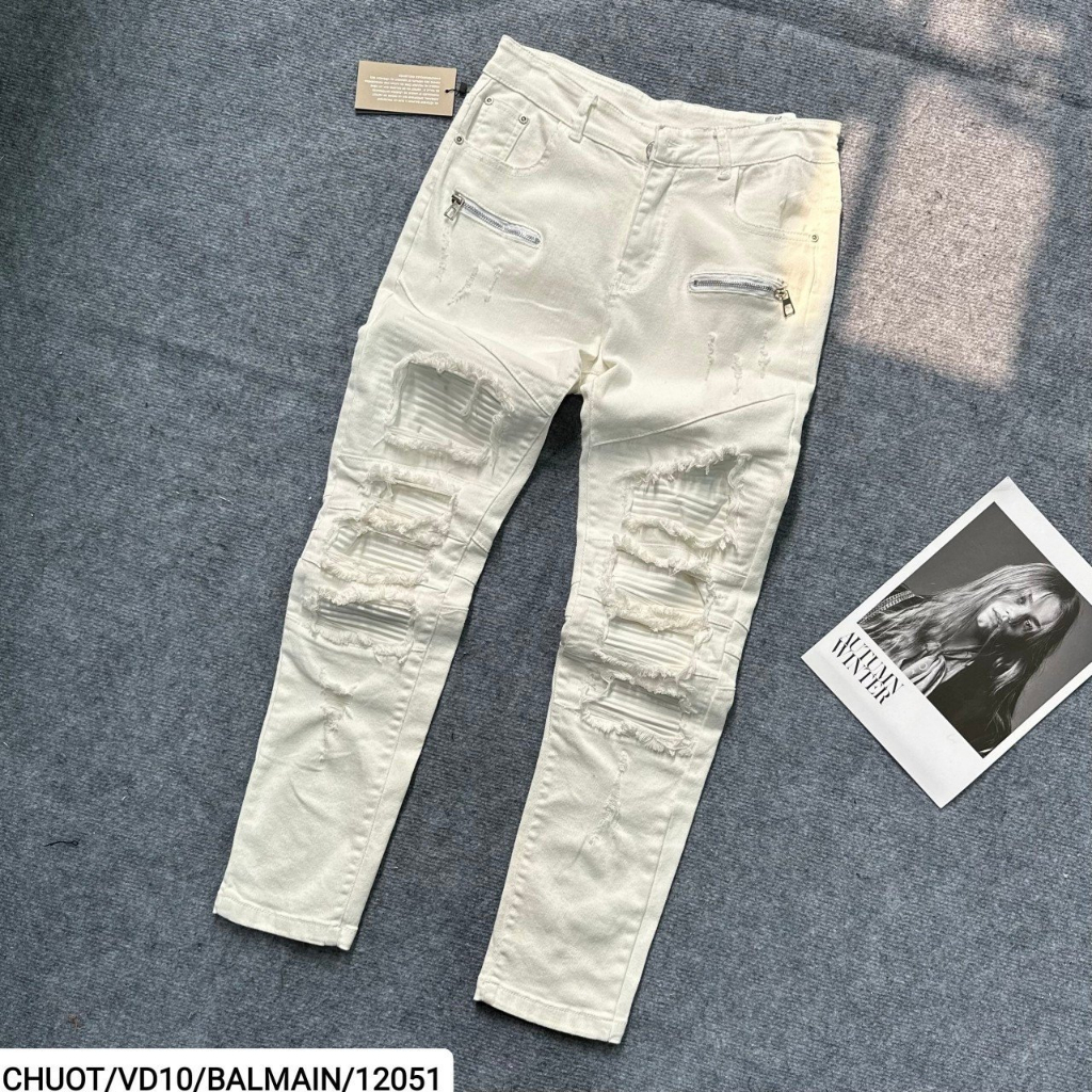 Quần BALMAIN Trắng Nhăn Đùi phối thêu khoá zip đùi Quần bò trắng vá da phong cách hàng Super