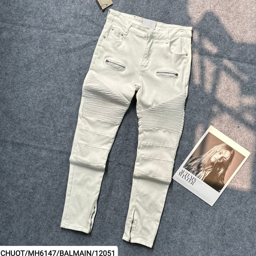 Quần BALMAIN Trắng Nhăn Đùi phối thêu khoá zip đùi Quần bò trắng vá da phong cách hàng Super